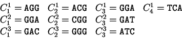 \begin{displaymath}
\begin{array}{llll}
C_1^1 = {\tt AGG} & C^1_2 = {\tt ACG} &...
...\tt GAC} & C^3_2 = {\tt GGG} & C^3_3 = {\tt ATC} &
\end{array}\end{displaymath}